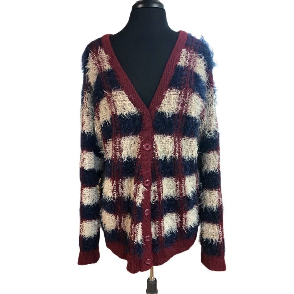 JOA Los Angeles Checked Feather Yarn Cardigan Sz L